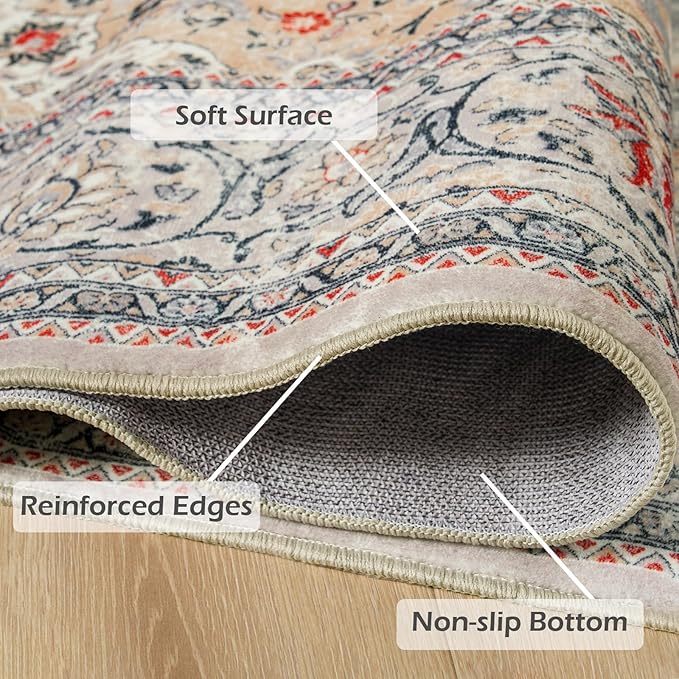 Goideal Washable Rug 3x5, Beige Area Rugs Non Slip, Indoor Low Pile Carpet with Rubber Backing for Living Room Kitchen Bathroom Entryway Office Bedroom