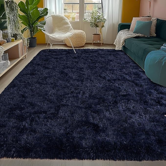 5x7ft Fluffy Fuzzy Area Rug for Living Room Bedroom, Ultra Soft Rugs for Living Room, Modern Shaggy Carpets Rug for Boys Girls Dorm Nursery Home Decor Aesthetic, Upgrade Non-Slip Durable, Dark Blue