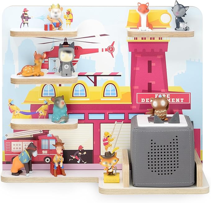 stadtecken Wooden Shelf for Music Box I Suitable for The Toniebox and ca. 35 Tonies I Perfect Storage in The Children's Room I for Setting up or Hanging (Medium, Fire Fighters)
