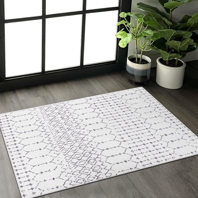 Lahome Moroccan Door Rugs for Entryway Indoor 2x3 Non-Slip Washable Front Door Mat Stain Resistant Untra-Thin Grey White Small Kitchen Rug, Geometric Inside Door Mats for Entrance Bathroom Sink Hana