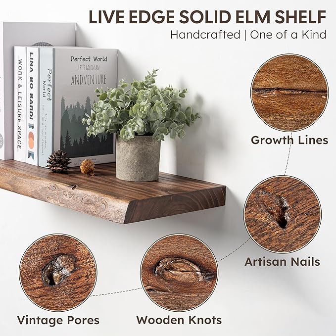 Live Edge Floating Shelves Set of 2, 24 Inch Solid Elm Wood Wall Shelves - Invisible Bracket Mount for Living Room, Bedroom, Kitchen, Bathroom | Vintage Rustic Decor