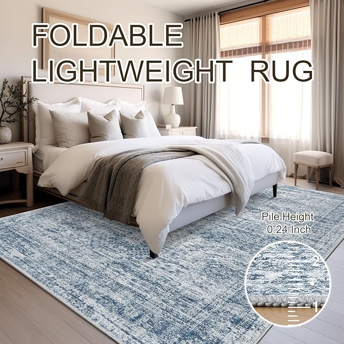 Soalmost Washable Area Rug 8x10, Large Soft Rugs for Living Room Vintage Blue 8x10 Area Rugs for Bedroom Dining Room Non-Slip Stain Resistant Under Table Rug
