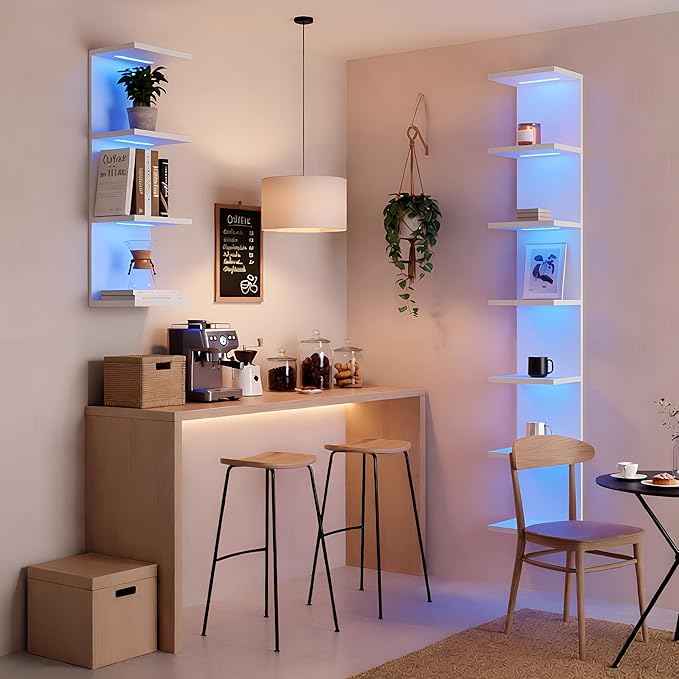 VIWODS 7 Tier Wall Shelf with Lights, White Lack Wall Shelf, Display Floating Shelves with Remote Control for Home Decor Bedroom Vanity