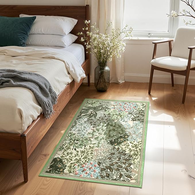 GarveeHome 2x3 Entryway Area Rug Non Slip Front Door Forest Rugs, Washable Indoor Kitchen Floor Mat Soft Low-Pile Stain Resistance Woodland Rug for Farmhouse Bedroom, Beige Green