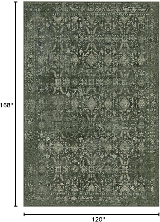 Rugxara 10x14 Area Rugs for Living Room Bedroom, Large Washable Rug, Green Vintage Floral Boho Rug, Non Slip & Low Pile Faux Wool Thin Carpet for Indoor Dining Room and Kids Room(Green 10x14ft)