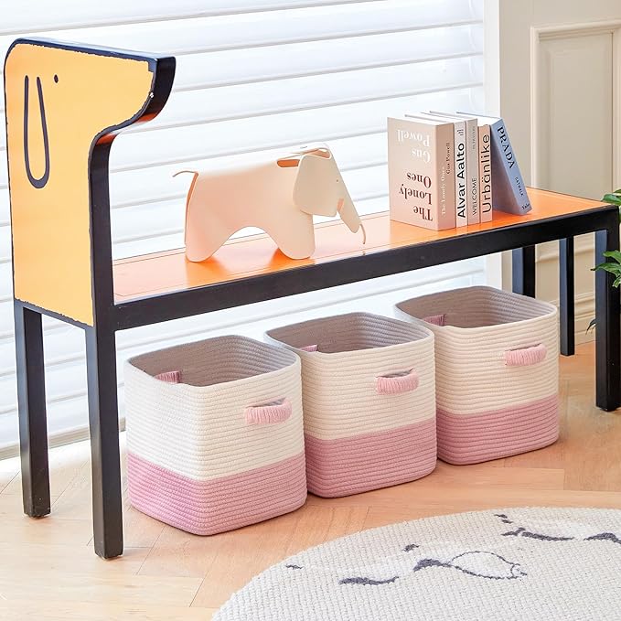 R RUNKA Storage Cube Baskets for Organizing 11 inch-3 Pack- Square Baskets for Cube Storage, Closet Storage Bins - Woven Cube Storage Bins for Shelves- Cube Drawer- Ideal for Toy Storage White & Pink