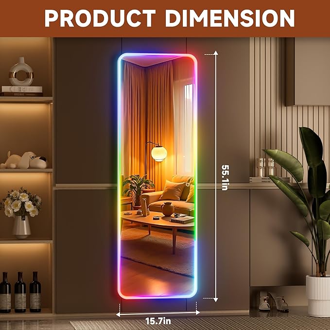 Hasipu 55"x15.7" LED RGB Door Mirror Full Length, Full Body Full Length Over The Door Mirror with Lights, Door Hanging & Wall Mounted Mirror for Bedroom, Living Room, Cloakroom