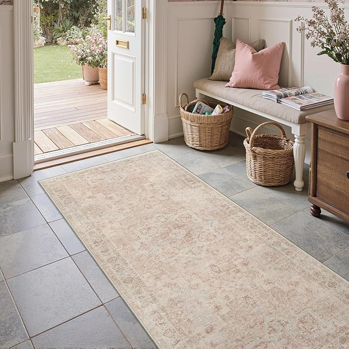 GENIMO 2x8 Runner Rugs for Hallway, Machine Washable Non Slip Vintage Rugs, Low Pile Lightweight Soft Print Carpet for enrtyway, Corridor, Home, Office, Kitchen, Light Pink