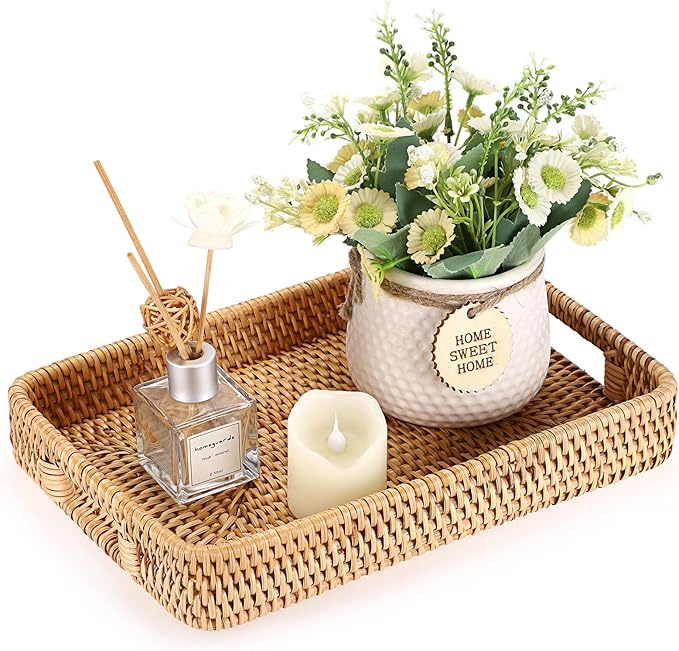 Hipiwe Rattan Serving Tray Hand Woven Tray with Handles Rattan Rectangular Basket Trays for Storage Breakfast Dessert Fruit Decorative Trays for Coffee Table, 11.8x7.9x1.8inch