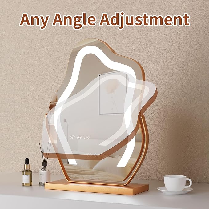 Makeup Mirror with Lights -17″ Cloud Shaped Smart Touch 3-Color Dimmable 360° Rotation Memory Metal Frame Plug-in AC Power Tabletop Vanity Mirror Gift for Women Teen Girls Gold