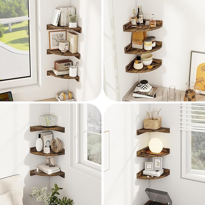 Corner Shelves 3-Pack for Bathroom & Kitchen, Space-Saving Floating Corner Wall Shelf with Easy Installation- Brown