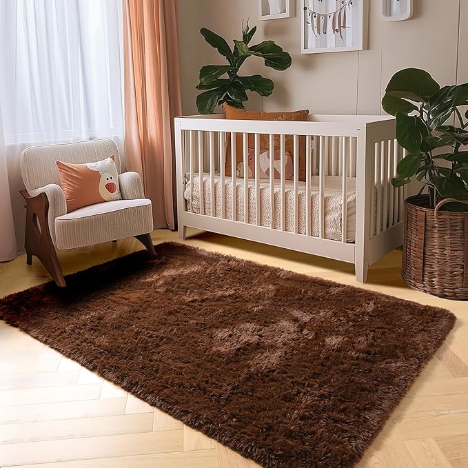 Amdrebio Dark Brown Area Rugs for Bedroom Living Room, Fluffy Shaggy Plush 4x6 Rug for Kids Room Decor Aesthetic, Modern Cool Fuzzy Furry Chocolate Coffee Carpet for Classroom Playroom Dorm Nursery