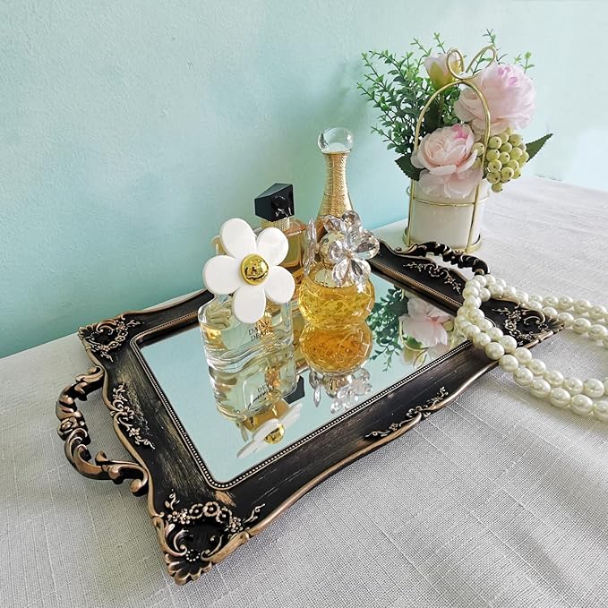 Rectangle Decorative Mirror Tray, French Style, Makeup Organizer, Jewelry Organizer, Serving Tray, 9.5"x 14.9", Golden Black