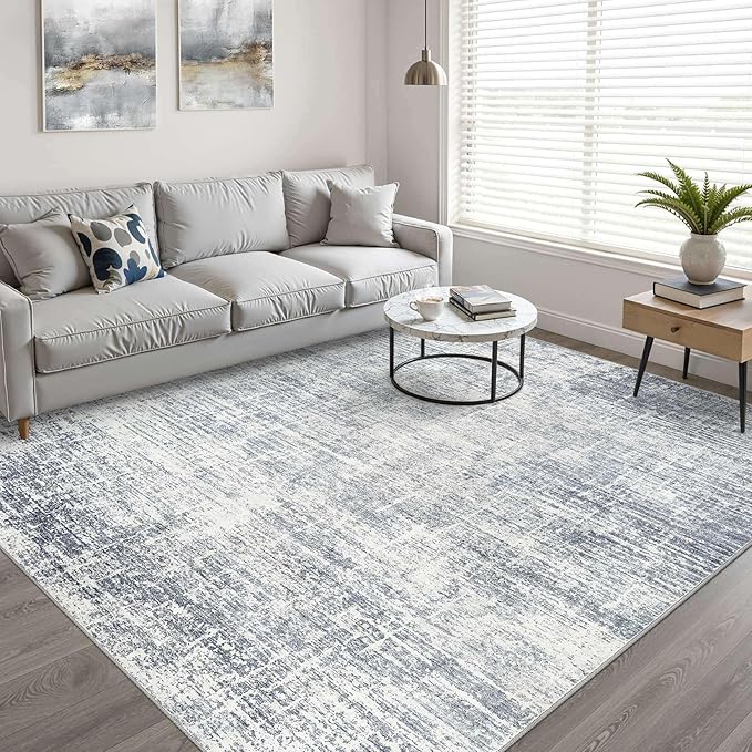 10x12 Area Rug Living Room: Washable Large Neutral Blue Rugs Abstract Soft Modern Stain Resistant Indoor Floor Non-Slip Carpet for Bedroom Nursery Kids Office Playroom Dining Room Under Table Home