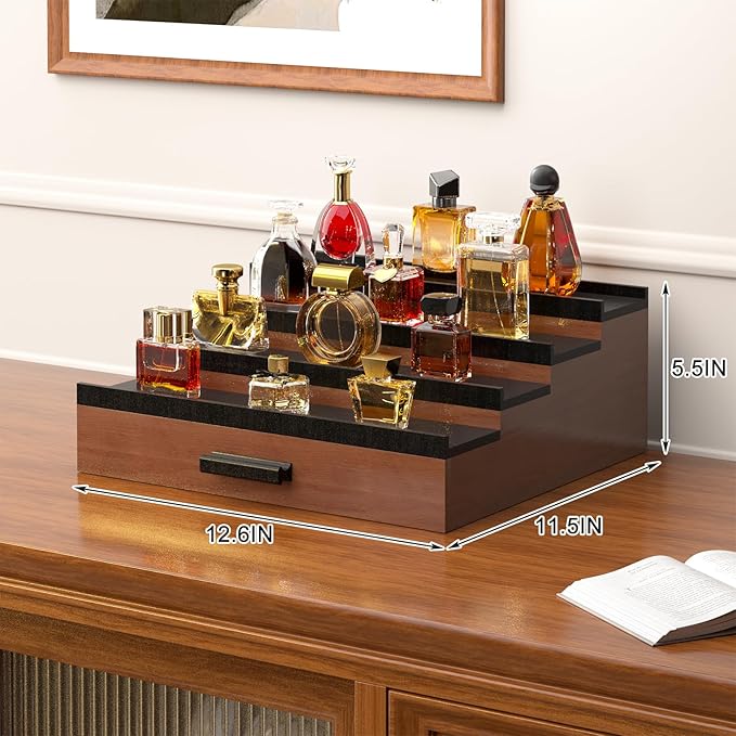 Vdamu Cologne Organizer for Men,4 Tier of Elevated Cologne Display Stand with Drawer Storage,Ladder Cologne Display,Perfume Organizer and Storage Display Risers,Great Gift for Men (Walnut Black)