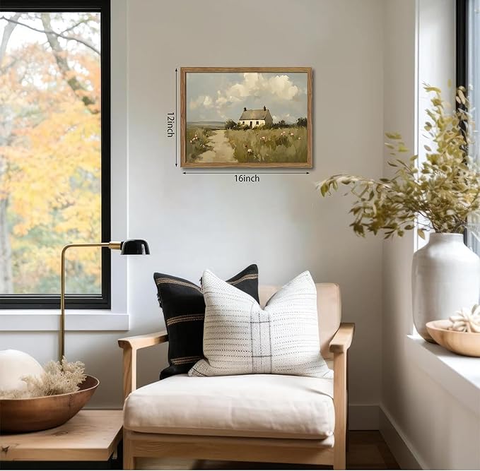 Vintage Wall Art, Framed English Countryside Cottage Painting Print, Country Farmhouse Canvas Wall Art, Rustic Landscape Pictures Artwork Wall Decor for Bedroom Living Room – 12x16 inch