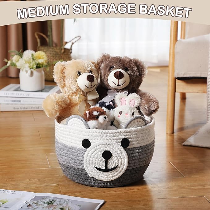 Zopeal Easter Bear Basket 13" D x 9.5" H for Nursery Cotton Rope Woven Bear Gift Empty Storage Basket with Handles Animal Hamper for Baby Shower Laundry Bathroom Home Decorative