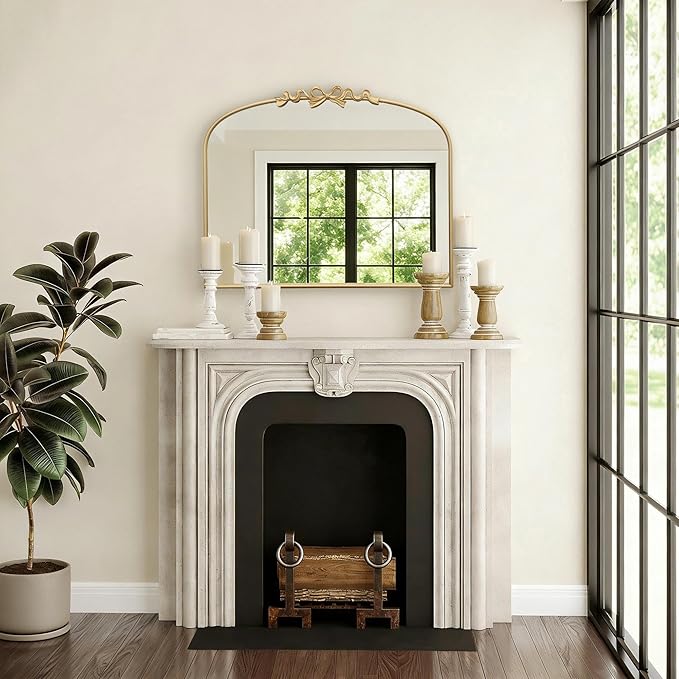Besdomus Antique Arched Large Mirror: 36"x29" Gold Bow Vintage Wall Mounted Mirror - Baroque Traditional Ornate for Fireplace/Bathroom/Living Room - Home Decor for HFashion-Conscious