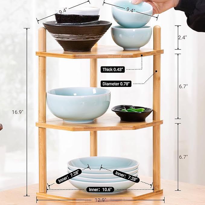 2-Packs 3-Tier Expandable Bamboo Corner Shelf - Dish/Plate Organizer for Cabinet, Kitchen Counter Shelf & Small Kitchen Shelf, Adjustable (2, 3Tier-6.7" H)