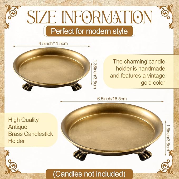 Zonon 2 Pack Brass Color Metal Clawfoot Dish Pedestal Dish Candle Tray Round Clawfoot Candle Holder Decorative Jewelry Stand for Wax Jewelry Ring Trinket Coffee Table Centerpiece Cosmetic Home