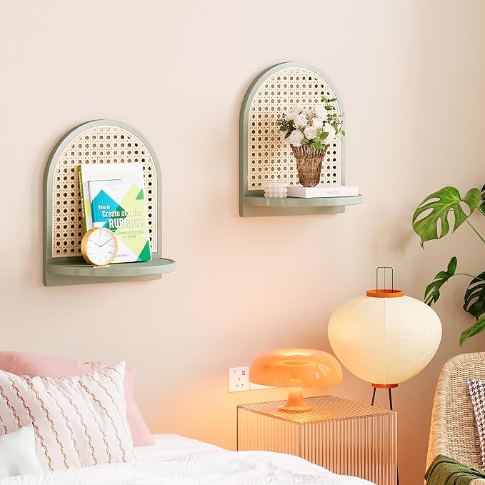Arched Rattan Wall Shelf - Boho Rattan Floating Shelf with Grooved Edge, Unique Small Display Shelves, Natural Pine Wood Wall Decor for Bedroom, Living Room, Nursery Room, Set of 2, Green