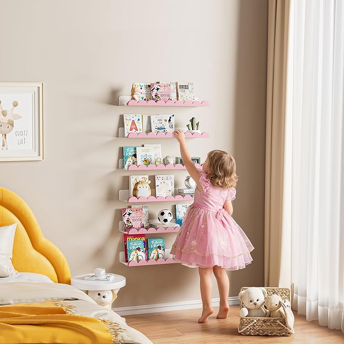 6-Pack Nursery Book Shelves, Scalloped Floating Shelves for Wall Kids, 15.7" Wood Wall Book Shelf for Bedroom Kids, Toddler Room, Baby Room, Nursery Decor,White and Pink