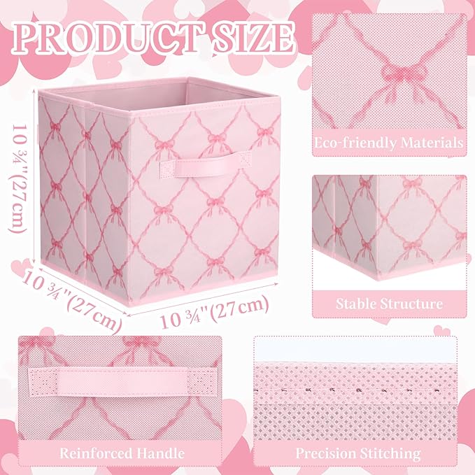 Geelin 6 Pcs Light Pink Bow Cube Storage Bins 11 Inch Storage Basket with Handle, Preppy Girls Organizer Basket, Collapsible Fabric Box for Classroom Bedrooms Office Home Decoration Gift