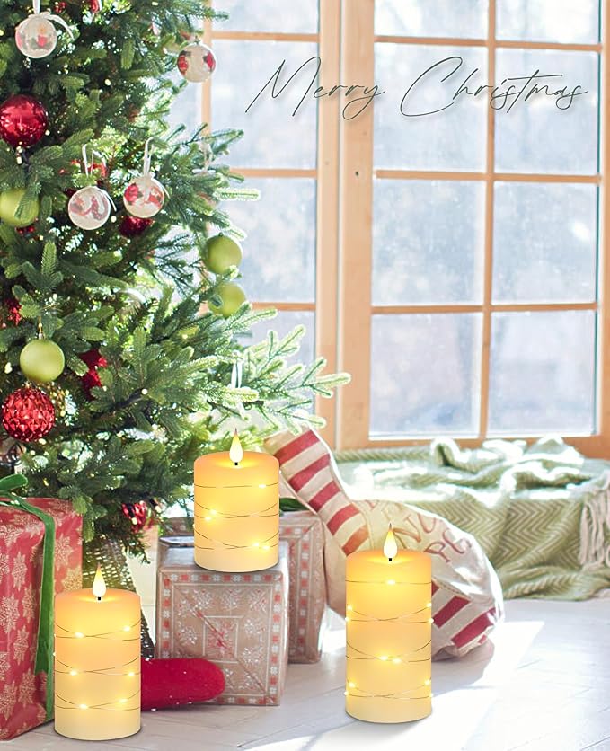 Upinmz Flickering Flameless Candles with Embedded String Lights, Battery Operated Candles with Remote Control and Timer,LED Candles for Home Decoration,Real Wax, 3 Pack Ivory