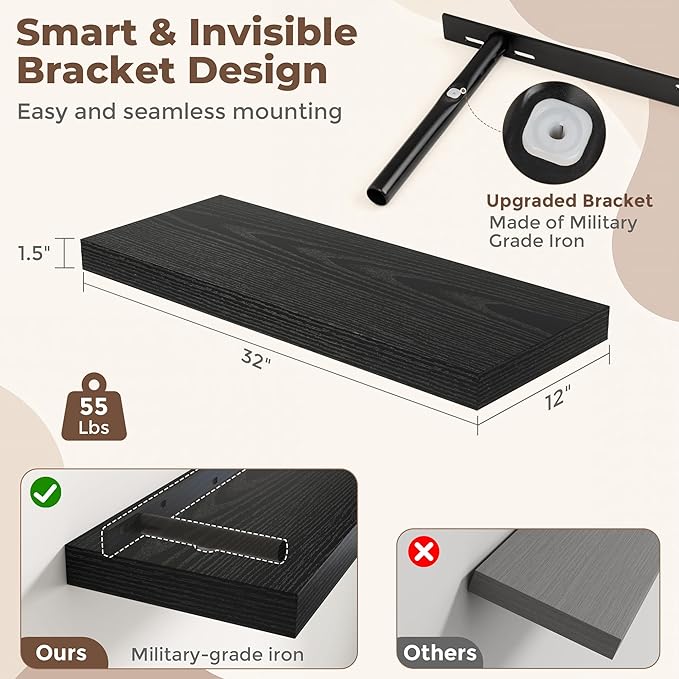 Fun Memories 32 Inch Black Floating Shelves for Wall, 12 Inch Deep Shelves for Bathroom|Kitchen|Bedroom, Wall Mounted Rustic Wood Floating Shelf with Invisible Brackets for Books|Storage|Decor, 2 Pack