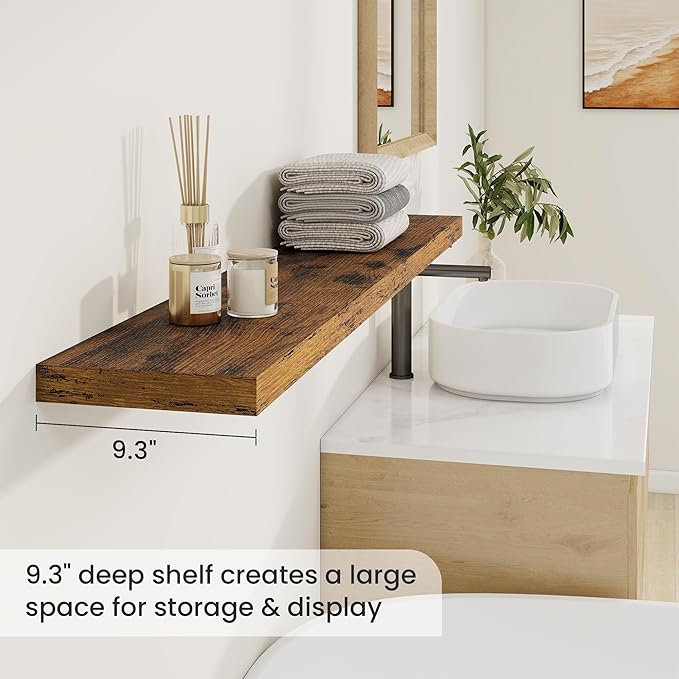 Fun Memories 55 Inch Fireplace Mantel Shelf, 9.3" Deep Floating Shelves for Wall, Long Wall Mounted Farmhouse Display Shelves with Invisible Heavy Duty Metal Bracket, Brown, 2 Pack