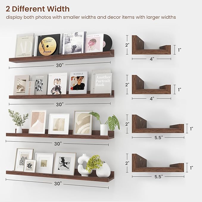Axeman 30 Inch Floating Shelves | Walnut Picture Ledge Shelf Set of 4 | Rustic Wood Wall Shelves with Lip | 30" Walnut Picture Shelf for Wall with Ledge | Photo Shelves