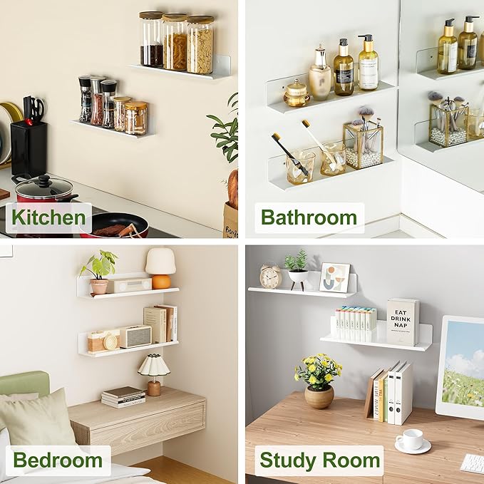 SAYAYO White Floating Shelves for Wall Storage, 16 Inch Screw or Self Adhesive Wall Shelves for Bedroom Decor, Display Bathroom Shelf Organizer for Kitchen, Living Room, Office, 2pcs