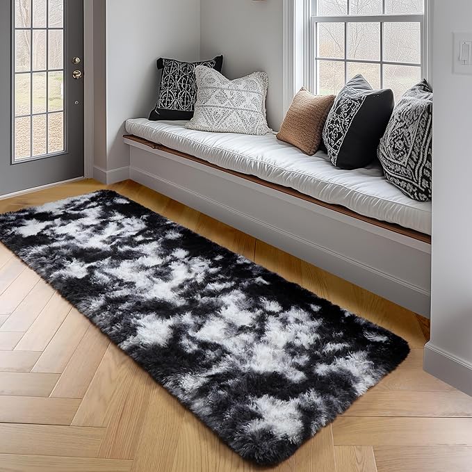 Amdrebio Black White Grey Runner Rugs 2x6 for Bedroom Living Room Decor, Fluffy Fuzzy Shag Bedside Area Rug for Kids Room Dorm Home Office, Cool Shaggy Plush Floor Modern Carpet for Teen Boys Men