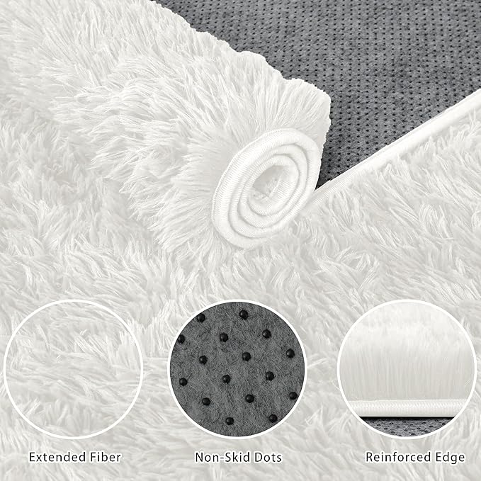 8x10 Area Rug for Living Room:Ultra Soft Fluffy Shag White Rugs,Large Fuzzy Plush Indoor Non Slip Carpet Washable Rug for Bedroom Kids Nursery Office Dorm Modern Decor(White 8'x10')