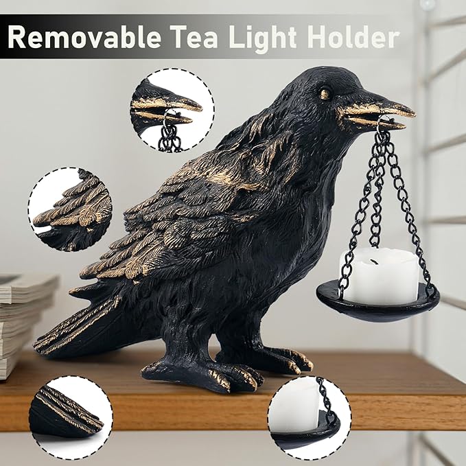 Gothic Crow Lamp with Tealight Candle Holder Resin Raven Decor Statue Gothic Home Decor for Bedroom Unique Goth Gifts Wearing Gold