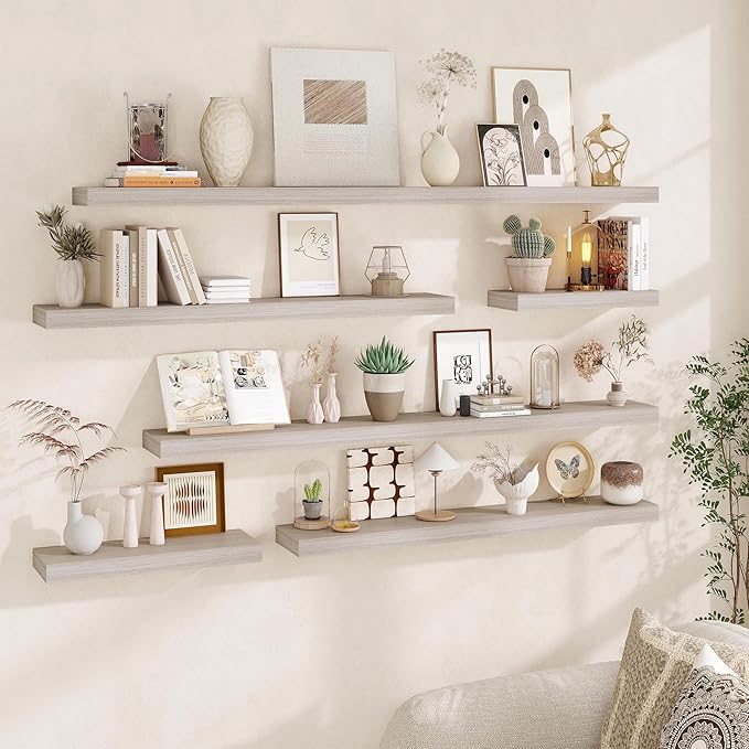 Fun Memories Floating Shelves for Wall, 48Inch Long Floating Shelves Set of 2, Hanging Shelf with Invisible Brackets, Wood Shelves for Living Room, Bedroom, Kitchen, Grey