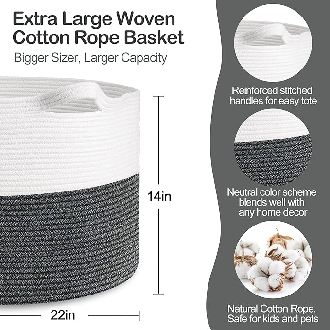 MEGASKET Large Throw Blanket Basket, 22" X 22" X 14" XXXL Blanket Holder for Living Room, Big Wicker Baskets for Storage, Woven Cotton Rope Kids Toy Box, Throw Pillow Holder Organizer Bin