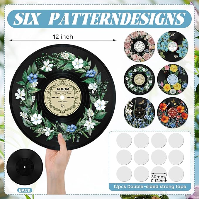 Chunful 6 Pake 12 Inch Vintage Records Wall Decor Aesthetic Retro Record Wall Decor for Dorm Bedroom Living Room Art Display Rock and Roll Music Hippie Party Records Decorations (Floral)