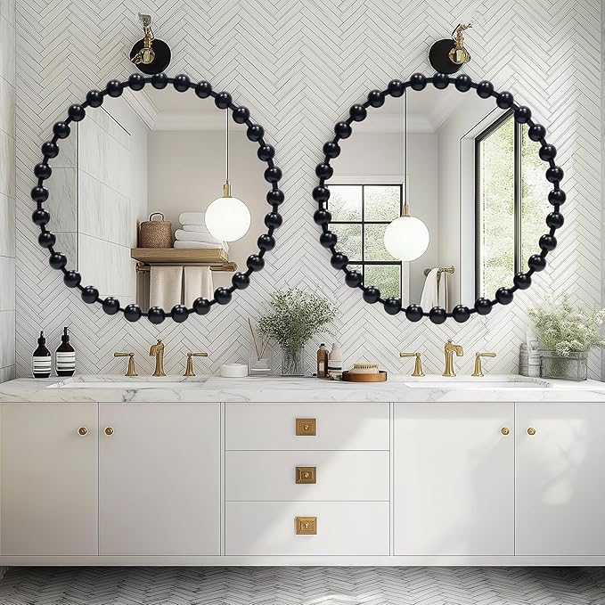 Round Black Mirror 28'', Spherical Frame Round Mirror for Living Room, Beaded Mirror for Bathroom, Dining Roon, Bed Room, Entryway