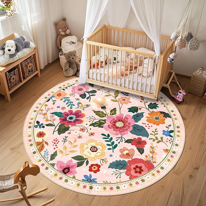 RELEANY Floral Nursery 4ft Area Rugs Washable Print Boho Cute Carpet Non Slip Flower Low Pile for Living Room Kids Girls Playroom Bedroom Kitchen Office Farmhouse-Pink