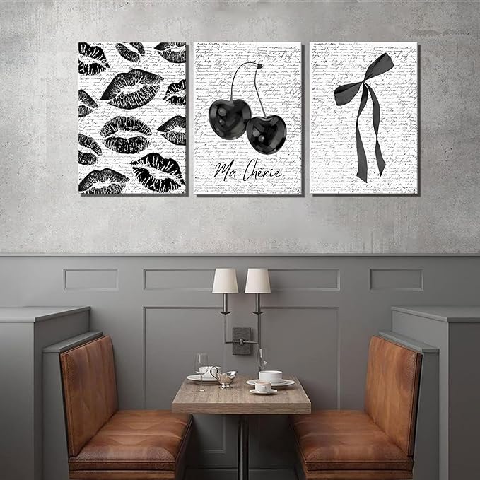3Pcs Vintage Funky Black White Lips And Cherry Canvas Wall Art Girl Fashion Aesthetic Bow Wall Decor Ma Cherie Dark Coquette Posters Prints for Neutral Preppy Apartment Girl Room12x16in framed