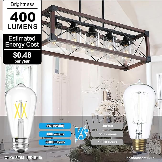 MorningLight 6 Pack Vintage LED Edison Bulbs, Dimmable E26 LED Edison Bulbs 40Watt Daylight 5000K, ST58 Antique Decorative Filament Bulb 4W for Farmhouse Pendant, Porch Lights, Home Decor, 400LM