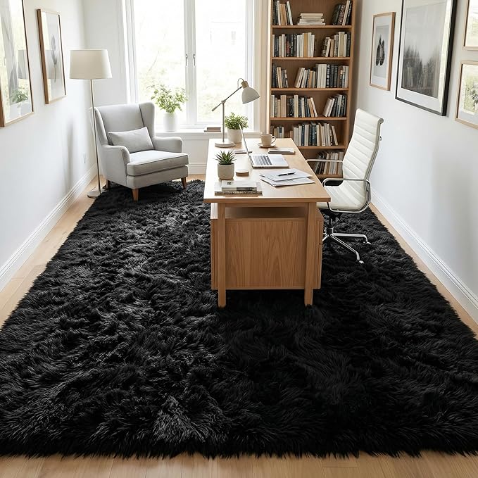 Large Area Rugs for Living Room, 9x11 Soft Fluffy Shaggy Rug, Machine Washable Non-Slip Plush Fuzzy Indoor Carpet, Aesthetic Home Decor for Bedroom, Kids Room, Nursery, Dorm, Black