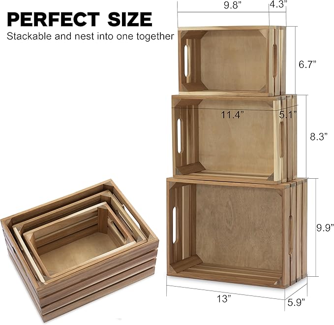 VICTORY RELAX Nesting Wood Storage Crates (Set of 3) - Light Natural Acacia Wood Stackable Wooden Boxes for Storage & Organization - Decorative Wooden Basket Set for Fruits, Shelving & Home Decor