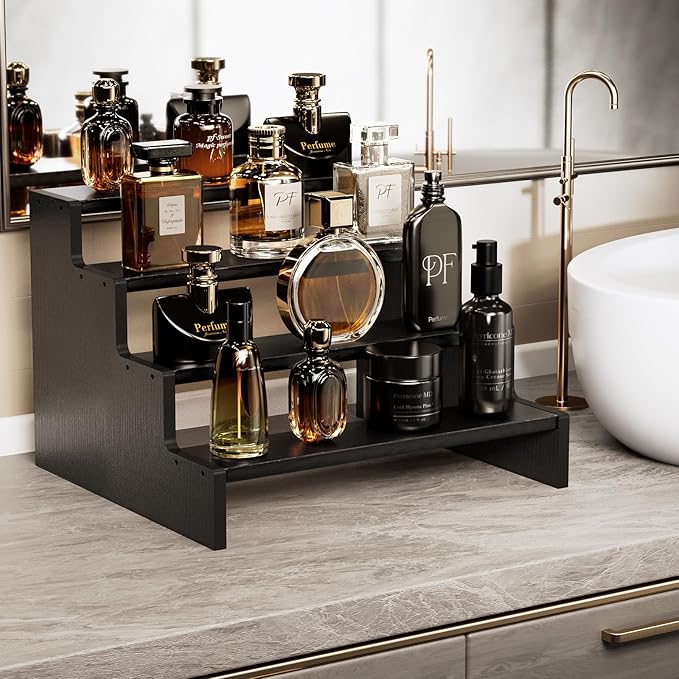 ProCase Wooden Cologne Organizer for Men, 4 Tier Perfume Organizer, Mens Cologne Stand Holder Storage, Display Riser Shelf Rack for Fragrances Candles Cosmetics Cupcake Figure Spice -Black