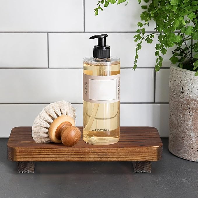 Liswit Farmhouse Wood Tray Rustic Wooden Pedestal Decorative Wood Riser for Farmhouse Kitchen Counter Bathroom Room Decor (Dark Brown)