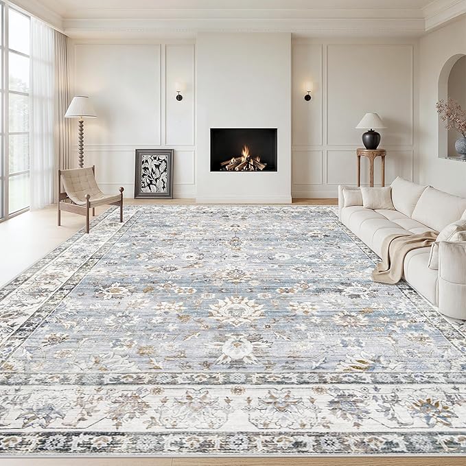 XLUEZ Area Rug 10x14 Living Room Rugs, Machine Washable Vintage Distressed Boho Area Rug Non-Slip Soft Low Pile Large Indoor Rugs for Bedroom Kitchen Dining Room Office(Light Blue,10'x14')