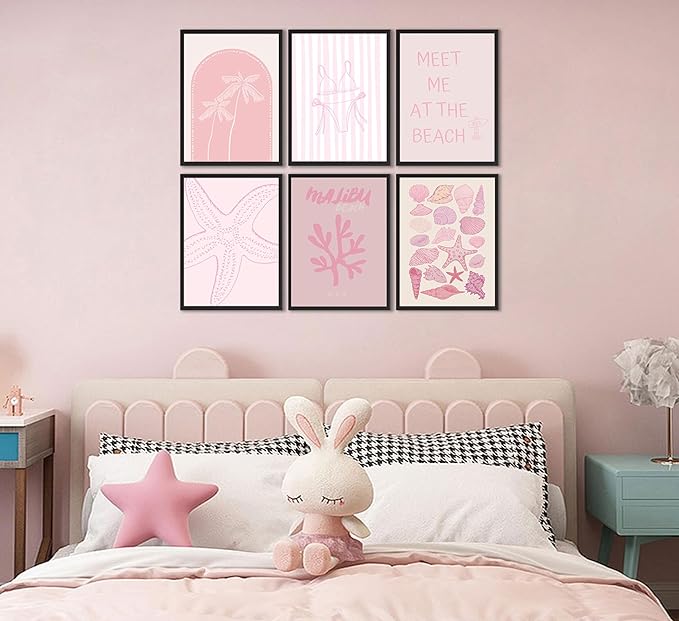 6Pcs Pink Coastal Preppy Wall art Beach Granddaughter Aesthetic Room Painting Picture Wall Decor Shells Oyster Starfish Poster Print Artwork for Girls Room Girls Dorm Home Decoration 12x16in