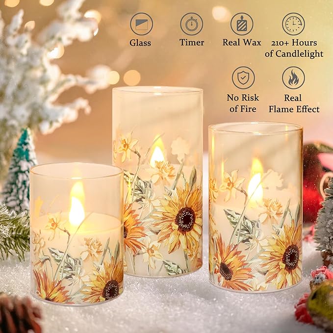 MELTONE Sunflower Flameless Candles Remote Real Wax Flickering Battery Operated Glass Candles - Home Party Bedroom Birthday Christmas Summer Spring Decorations