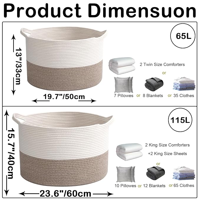 Large Woven Blanket Basket,65L Cotton Rope Laundry Basket Hamper with Handles, Decorative Nursery Basket Storage Bin for Toys, Clothes Organizer, Living Room, Bedroom, Bathroom, White & Brown